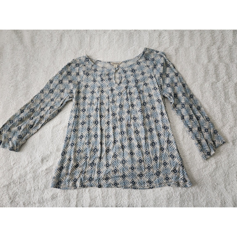 Lucky Brand Women's Small Blue Geometric Print Keyhole Long Sleeve Boho Peasant